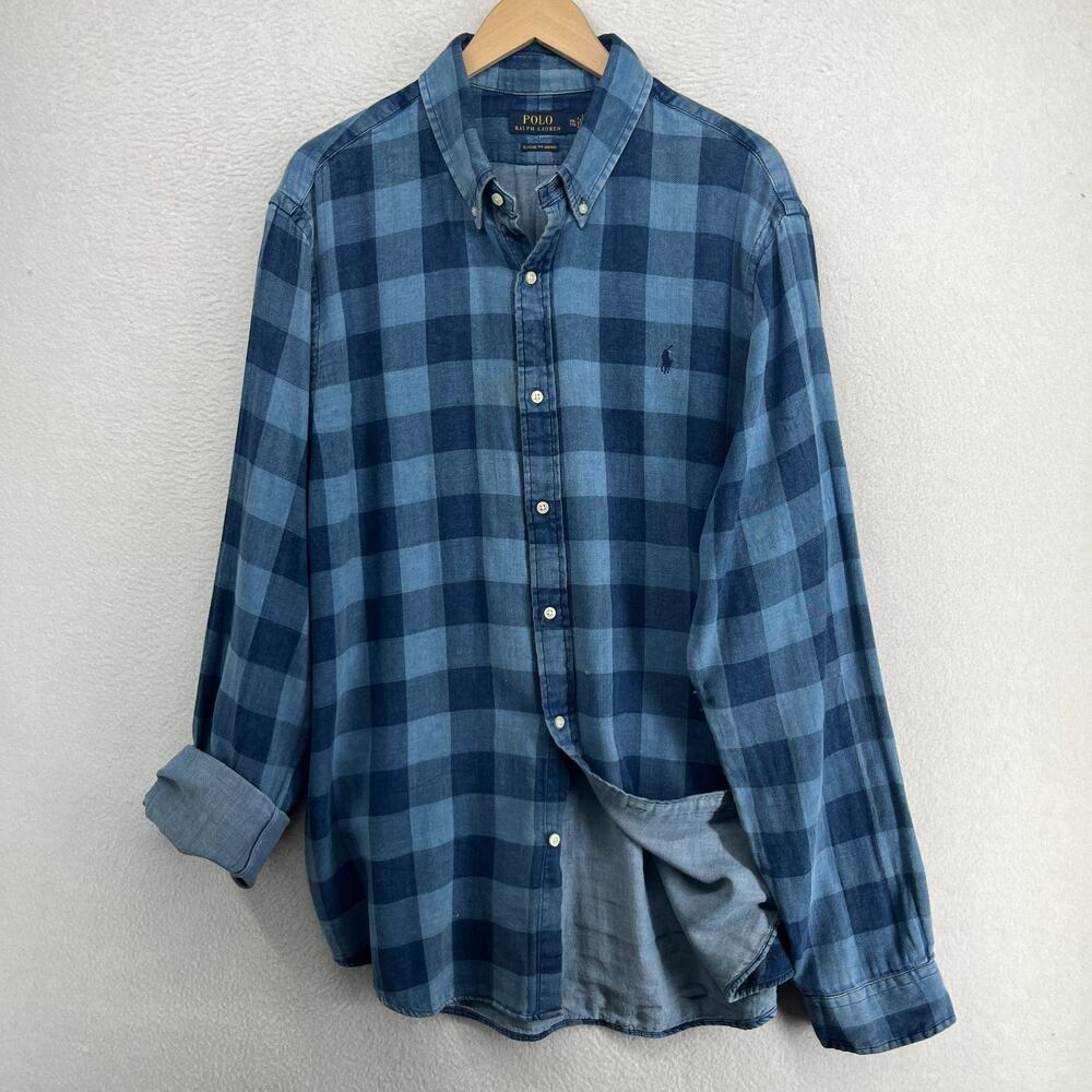 POLO RALPH LAUREN Shirt Mens XXL Classic Indigo Chambray Check Double Layer Blue